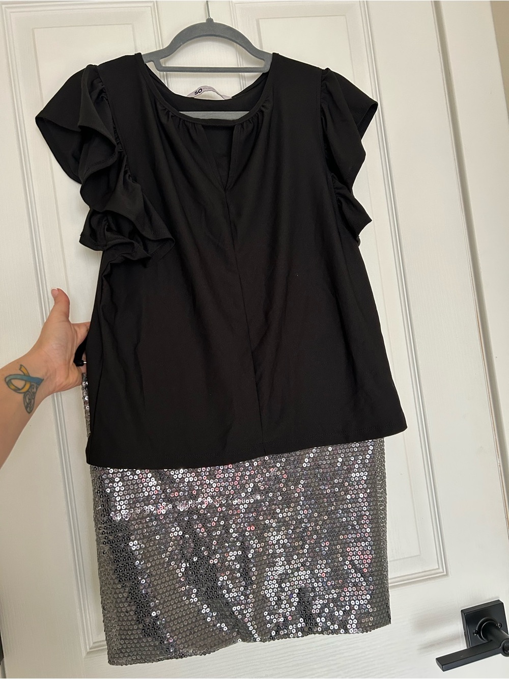 SO Black Ruffle Sleeve Blouse and Charlotte Russe Sequined skirt